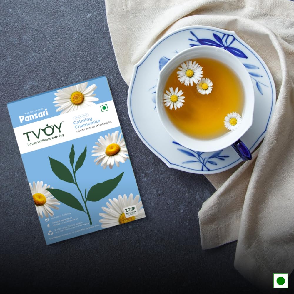 TVOY Calming Chamomile Green Tea box with a cup of relaxing chamomile-infused green tea